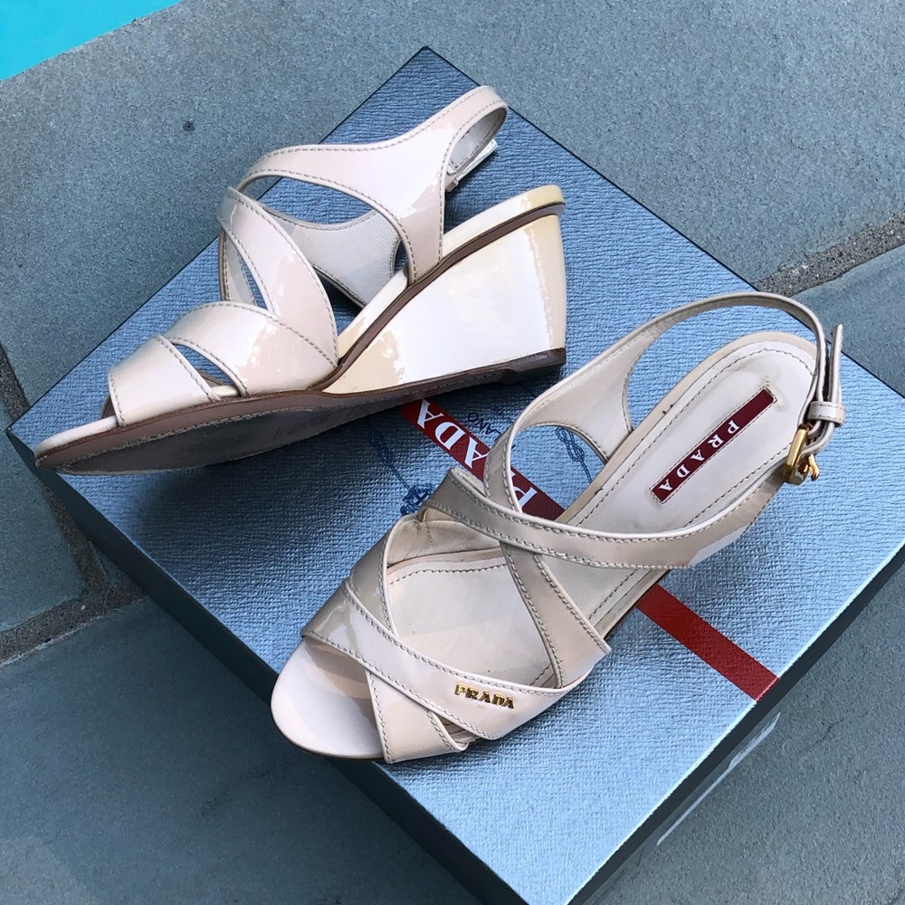 Prada Logo Strappy Low Wedge Sandals Sz 37.5 - Picture 4 of 10